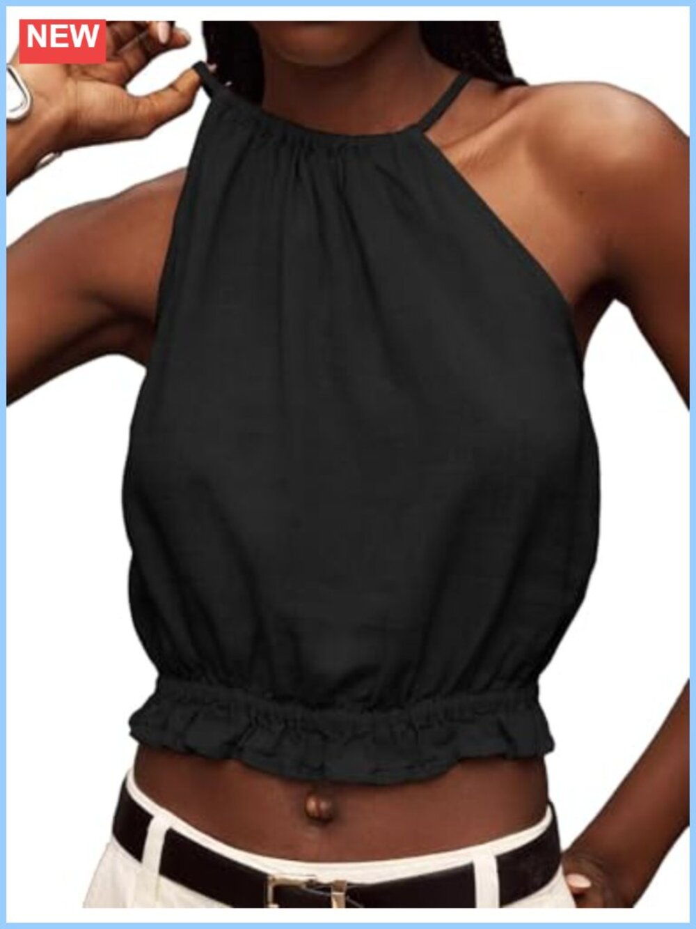 Womens Crop Linen Halter Top High Neck Sleeveless Summer Ruffle Hem Blouse